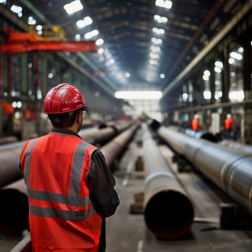 Un trabajador, vestido con un casco y chaleco de seguridad, observa una fábrica donde se encuentran Tubería de Diámetros Mayores dispuestas en fila. La iluminación del lugar resalta el ambiente industrial y hay otras personas trabajando en el fondo.